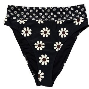 Women's High Waist Daisy Floral Bikini Bottoms Black Multi Size L